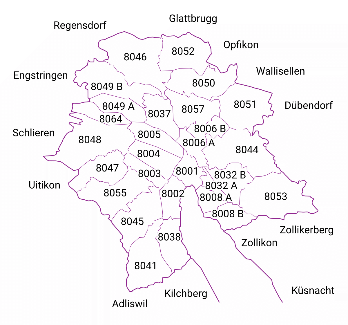 Stadtkarte von Zürich und Umgebung mit Postleitzahlen
